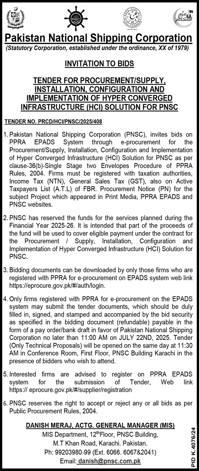 Pakistan National Shipping Corporation Karachi Tender Notice